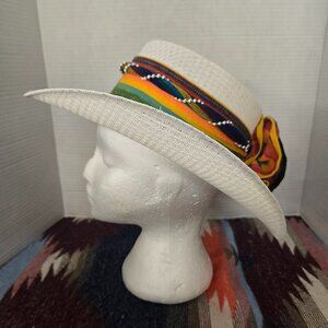 Gorgeous Ladies Mexican Straw Hat Colorful floral scarf with pearls accent